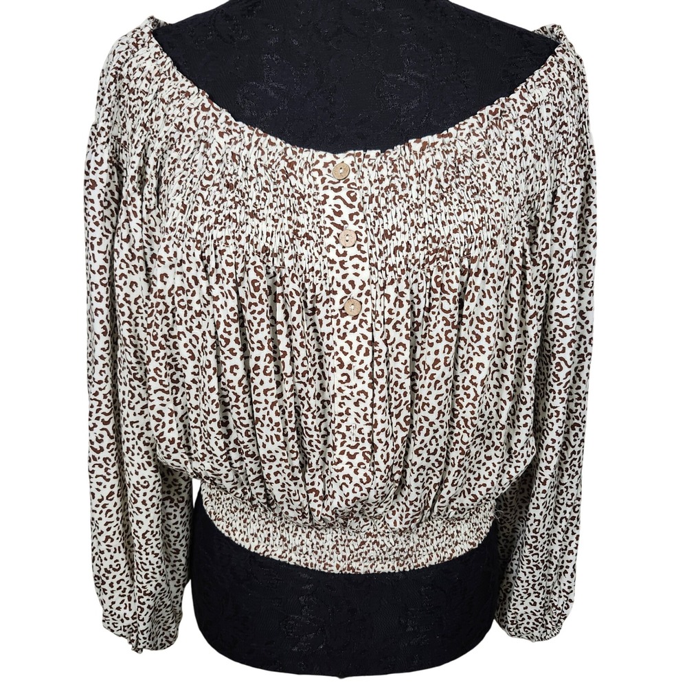 Newbury Kustom Smocked Leopard Print Off Shoulder Long Sleeve Crop Top Size‎ M